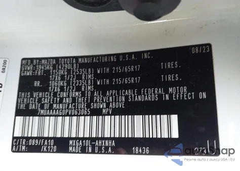 2023 Toyota Corolla Cross L z USA, uszkodzony, nr VIN 7MUAAAAG0PV063065